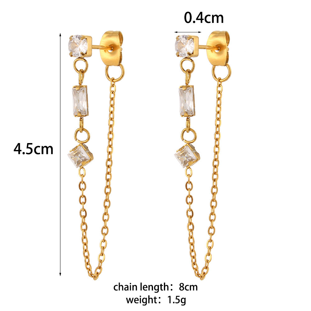 Minimalist Geometric Stainless Steel Ear Cuffs with Zircon Accents and Chain Detail for Women