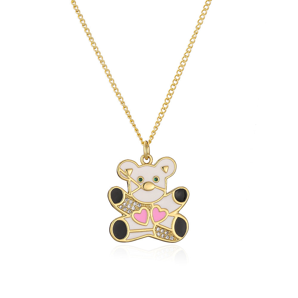 Collana con Pendente Orsetto Carino da Donna Realizzata in Rame con Placcatura in Oro 18K e Finitura a Smalto con Accenti in Zirconi Cubici