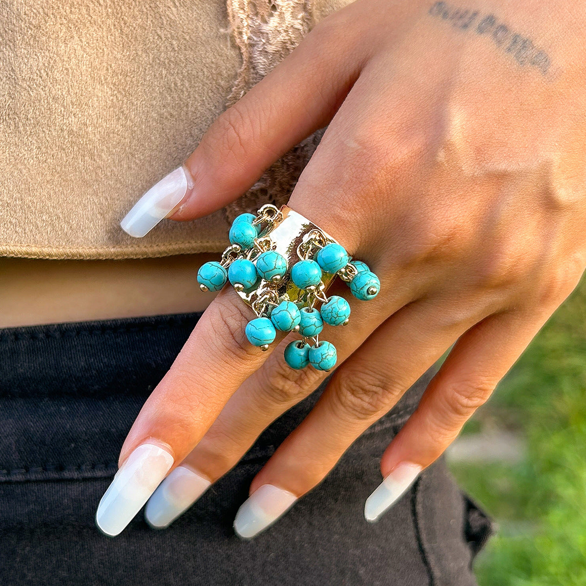 Vintage Palace Style Geometric Round Malachite Inlay Alloy Plated Open Ring for Women