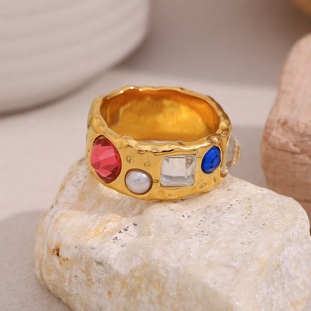 Anello geometrico da donna in acciaio inossidabile placcato oro 18 carati con zirconi