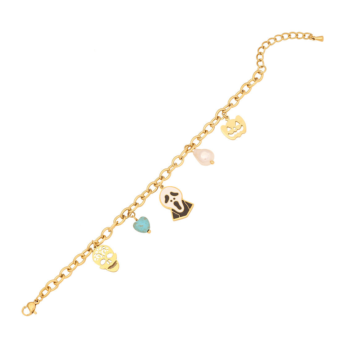 Collana con ciondolo teschio e zucca "Edgy" per Halloween da donna in acciaio inossidabile con finitura placcata