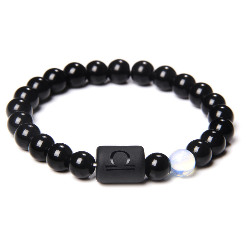 Unisex Adjustable 8mm White Crystal Tiger Eye Obsidian Zodiac Beaded Bracelet