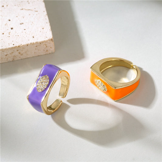 Geometric Drip Oil Gold Plated Brass Ring with Cubic Zirconia for Women
