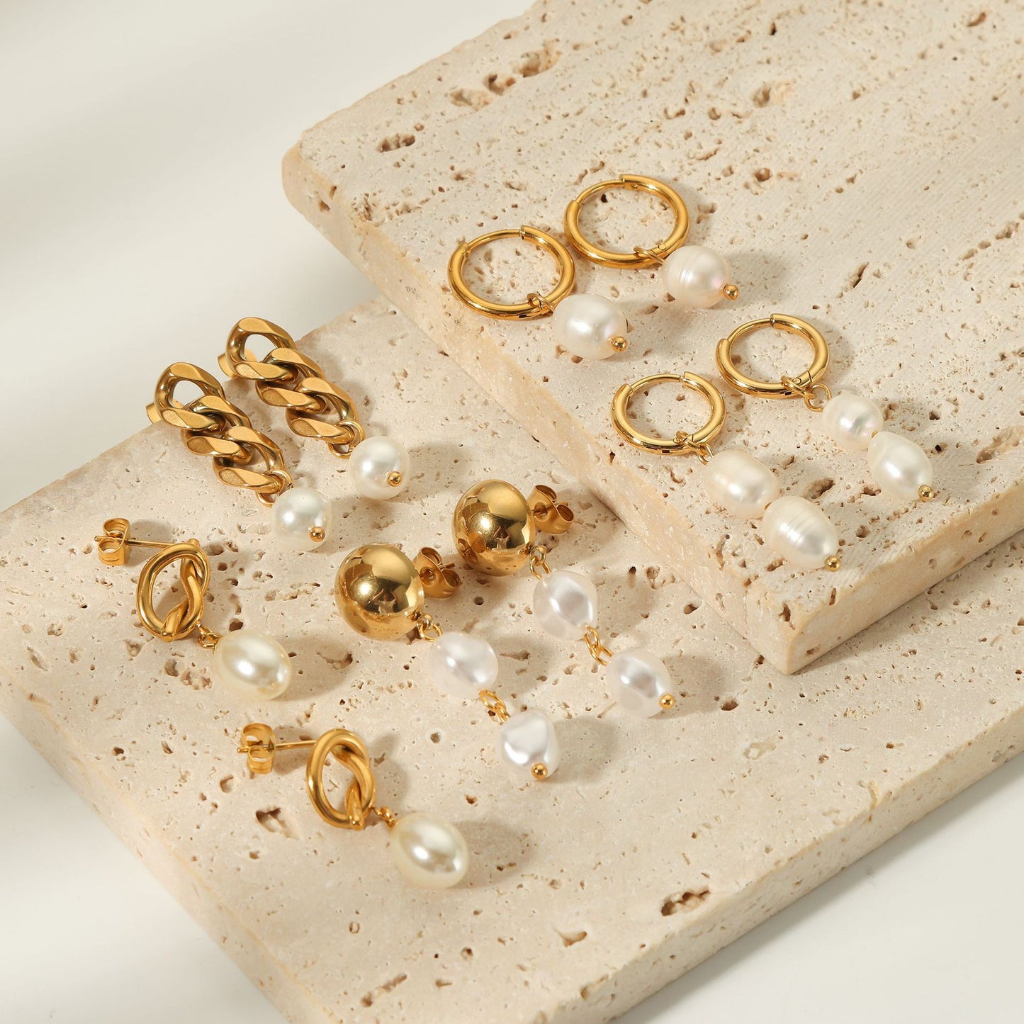 Elegant Baroque-Style Geometric Freshwater Pearl Earrings in Titanium Steel with 18K Gold Plating for Women