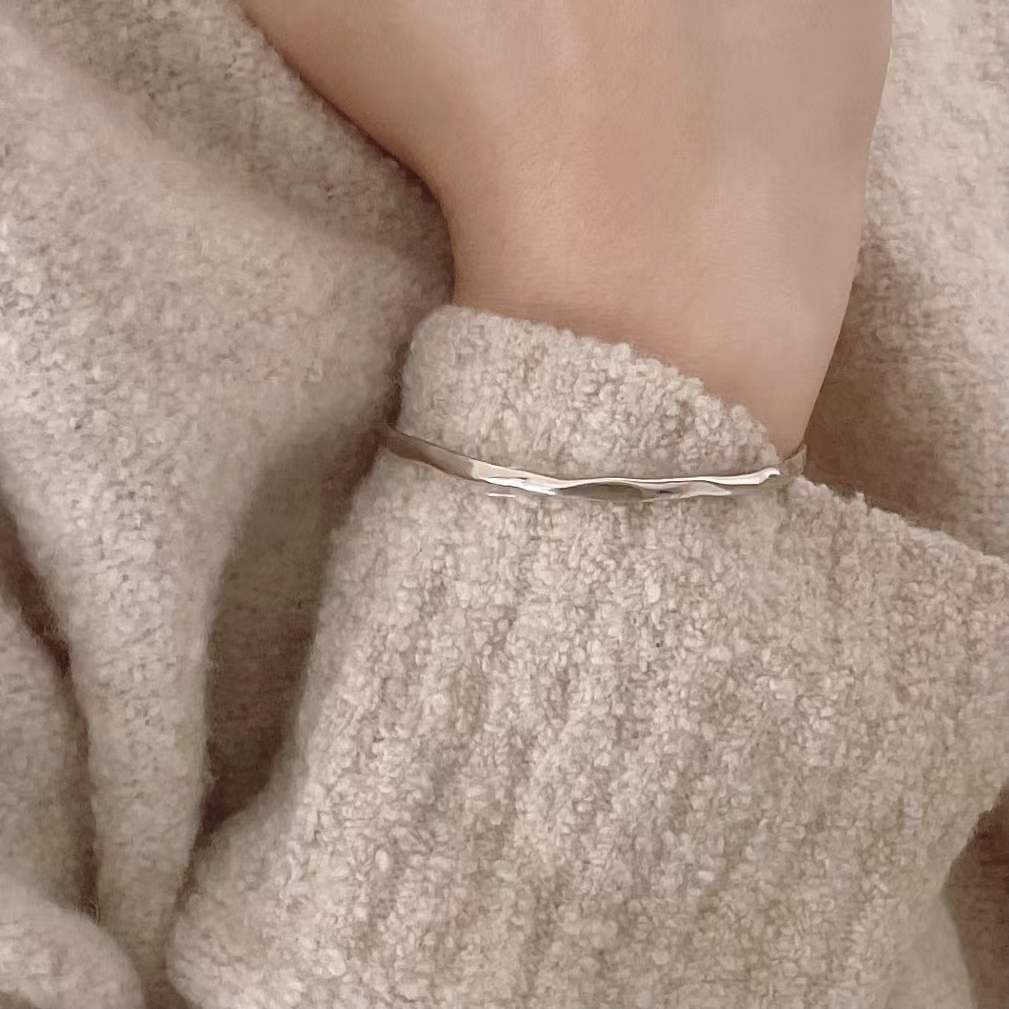 S925 Sterling Silver Women's Minimalist Geometric Unisex Bracelet, Polished Finish, Unique Irregular Texture, Cute Korean Style