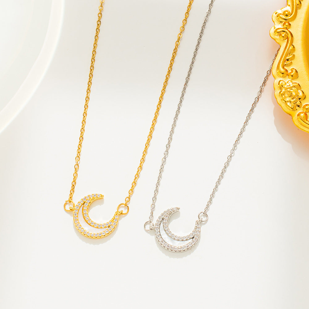Collana Minimalista in Acciaio al Titanio a Forma di Luna con Intarsio in Madreperla e Strass, Catena a O, Delicata Collana da Donna per Clavicole