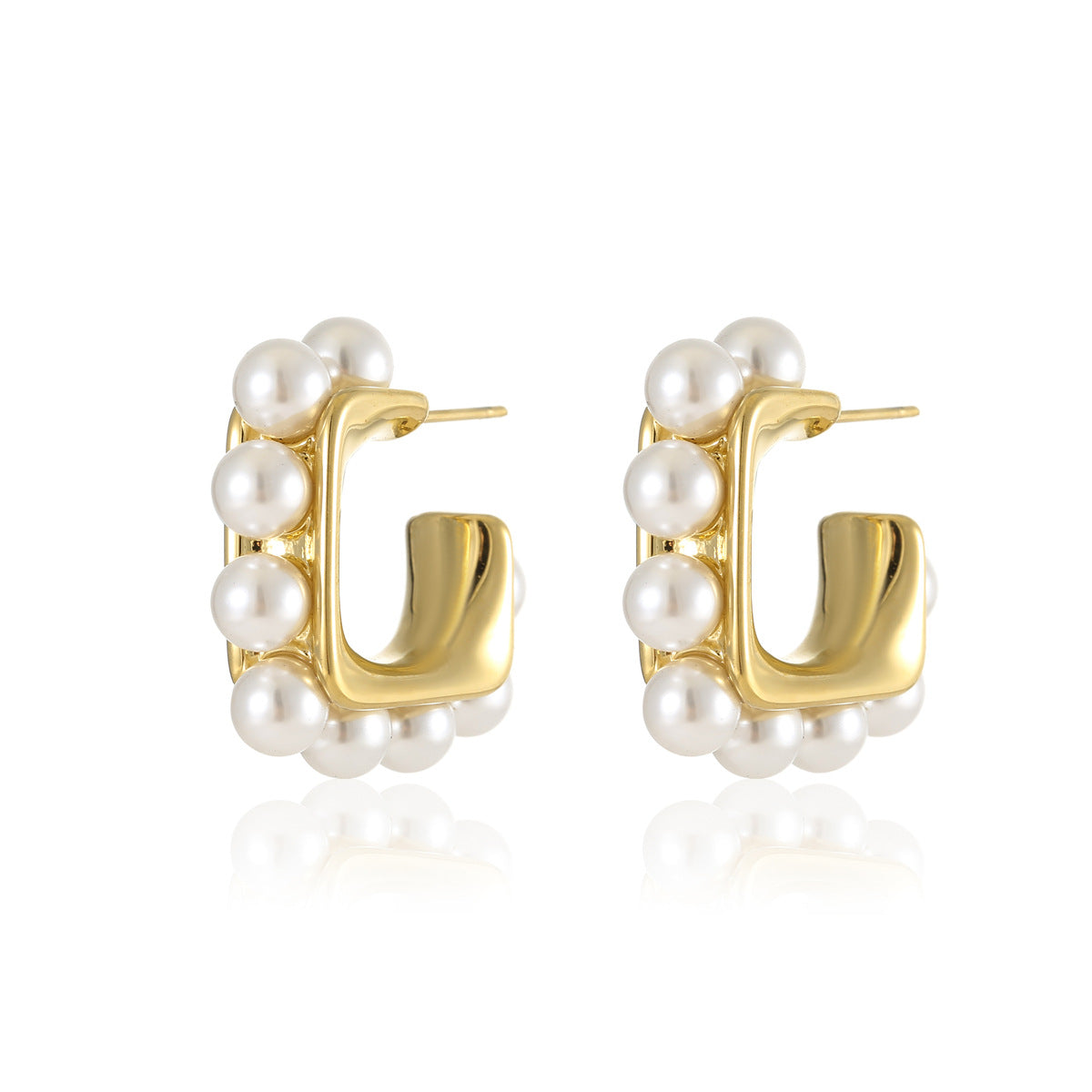 Orecchini da donna in stile vintage con perle, placcati in oro, in acciaio inossidabile, a forma di C geometrica, con elegante design a cerchio