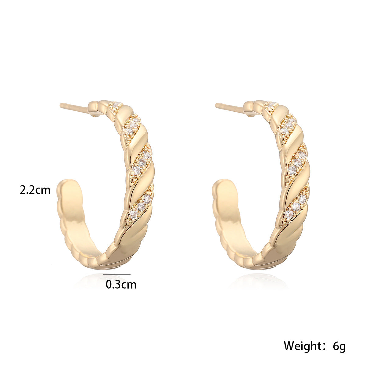 Luxury Vintage Geometric Gold Plated Brass Micro-Inlay Cubic Zirconia C-Shape Earrings for Women