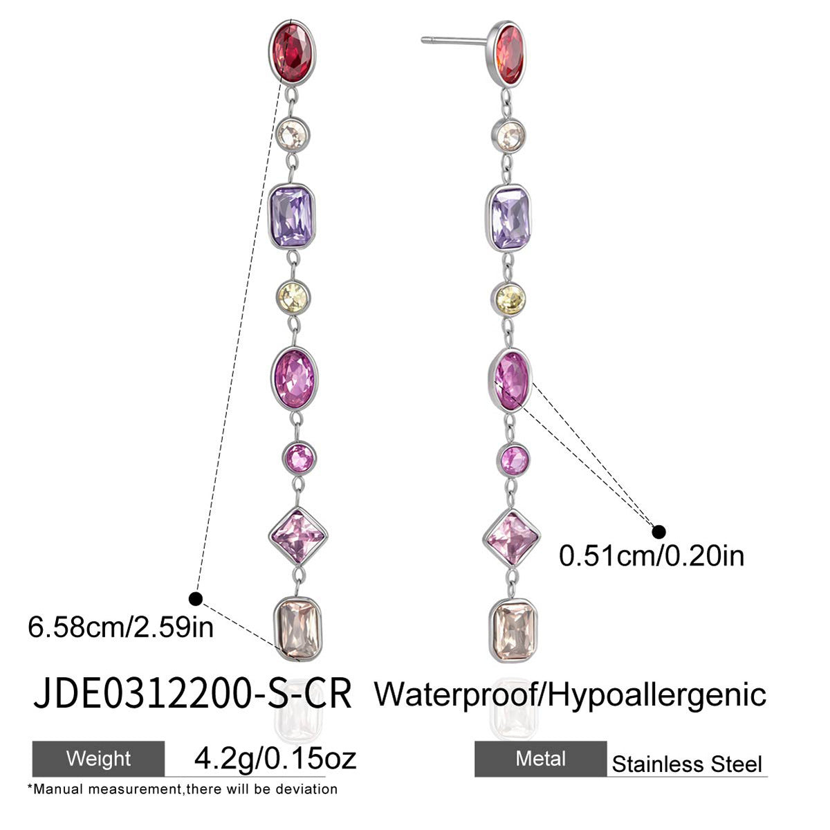Minimalist Luxury Geometric Titanium Steel PVD Colorful Cubic Zirconia Tassel Earrings for Women