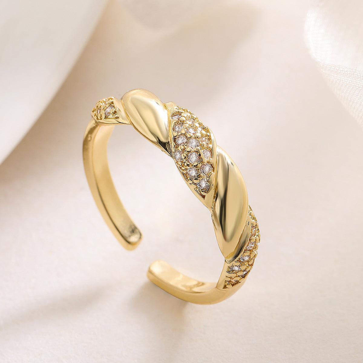 Minimalist 18K Gold Plated Brass Geometric Micro-Inlaid Cubic Zirconia Irregular Open Ring for Women