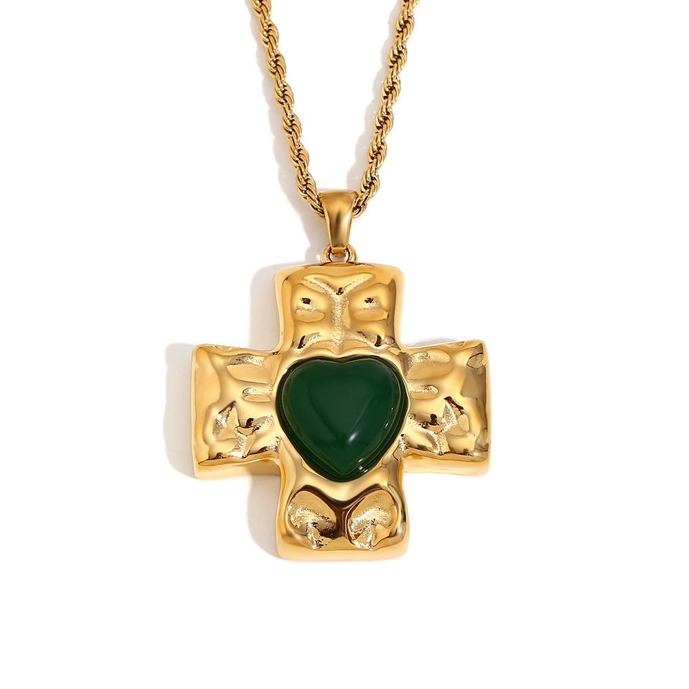 Collana con ciondolo a forma di cuore e croce, stile vintage francese, in acciaio inossidabile placcato oro 18 carati con finitura martellata