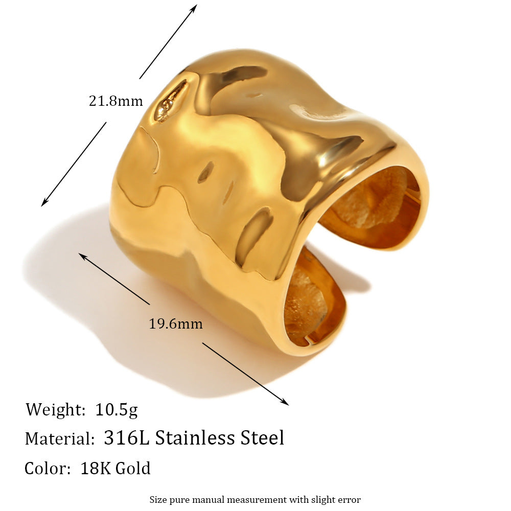 Minimalist Geometric Stainless Steel Plated 18K Gold Wave Texture Open Wide Band Ring for Women