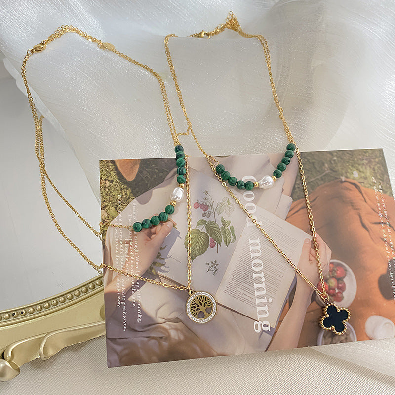 Gold Plated Titanium Steel Four-Leaf Clover Double Layer Necklace for Unisex