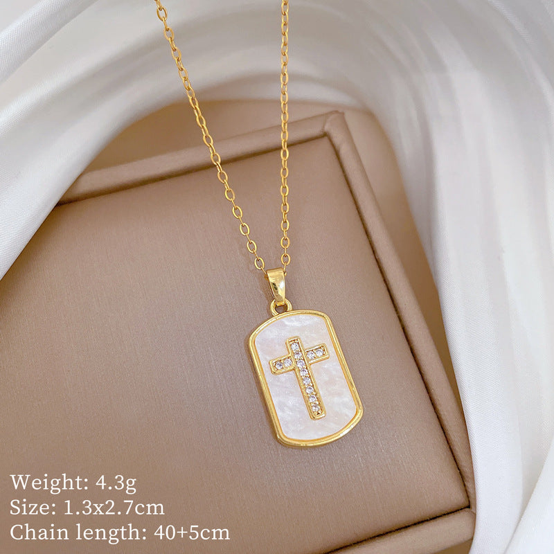 Sweet Minimalist Cross Micro-Inlaid Cubic Zirconia Brass Pendant Titanium Steel Necklace for Unisex