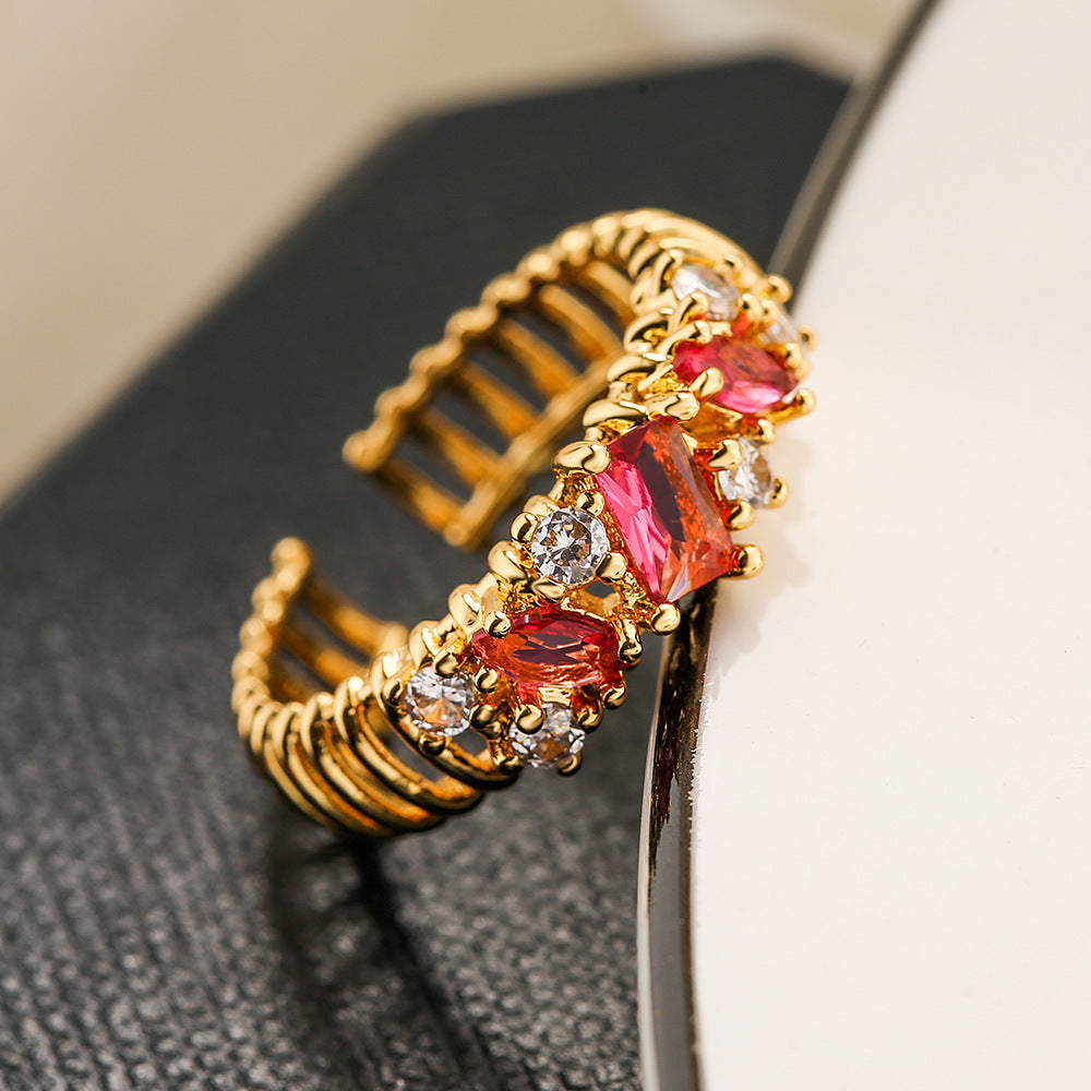 Geometric Open Ring for Women in Copper with 18K Gold Plating and Zircon Inlay, Minimalist Luxury Fashion Accessory