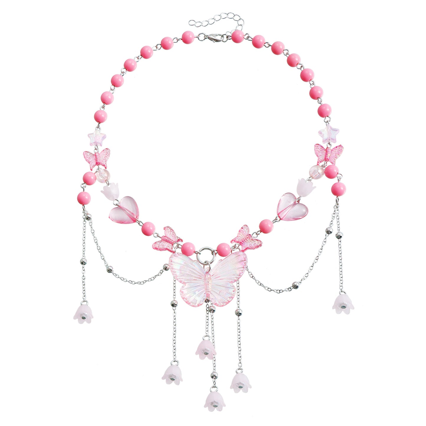 Y2K Style Heart and Butterfly Pendant Necklace with Imitation Pearls and Tassels on Resin Beaded Chain for Women