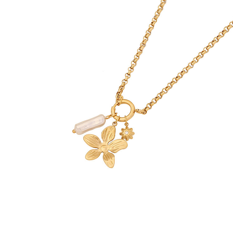 Elegant Heart Floral Stainless Steel Plated Necklace with Cable Chain Charm Bar for Women