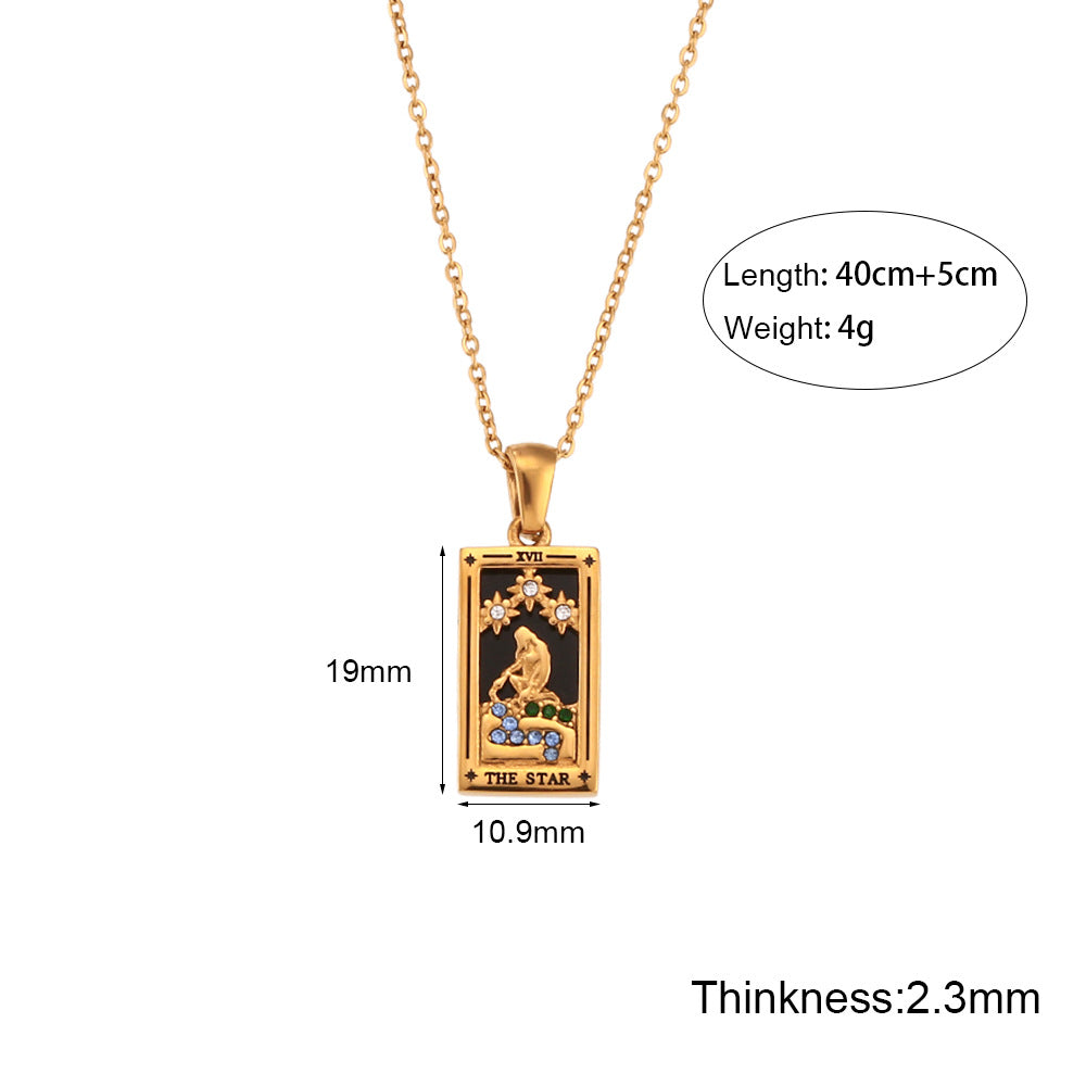 Fashionable Vintage Rectangular Titanium Steel Pendant Necklace with Enamel Finish and Zircon Inlay for Women