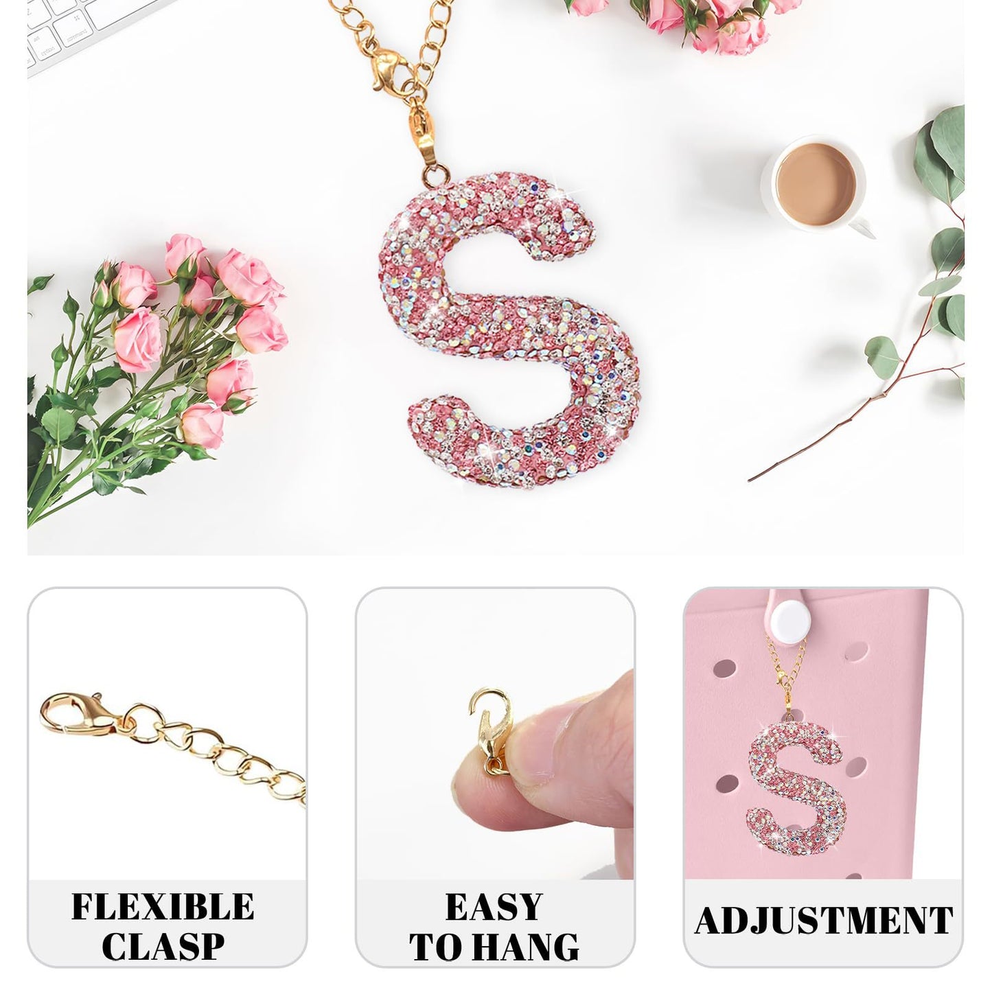 Minimalist Rhinestone Inlay Letter Backpack Charm with Gold Chain
