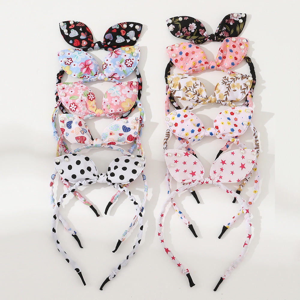 Bonito conjunto de diademas en forma de lazo para niñas con banda de tela y adornos de perlas, patrón floral estilo princesa