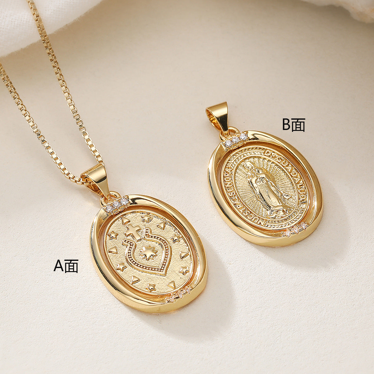 Vintage Minimalist Geometric Brass Gold Plated Cubic Zirconia Virgin Mary Pendant Necklace
