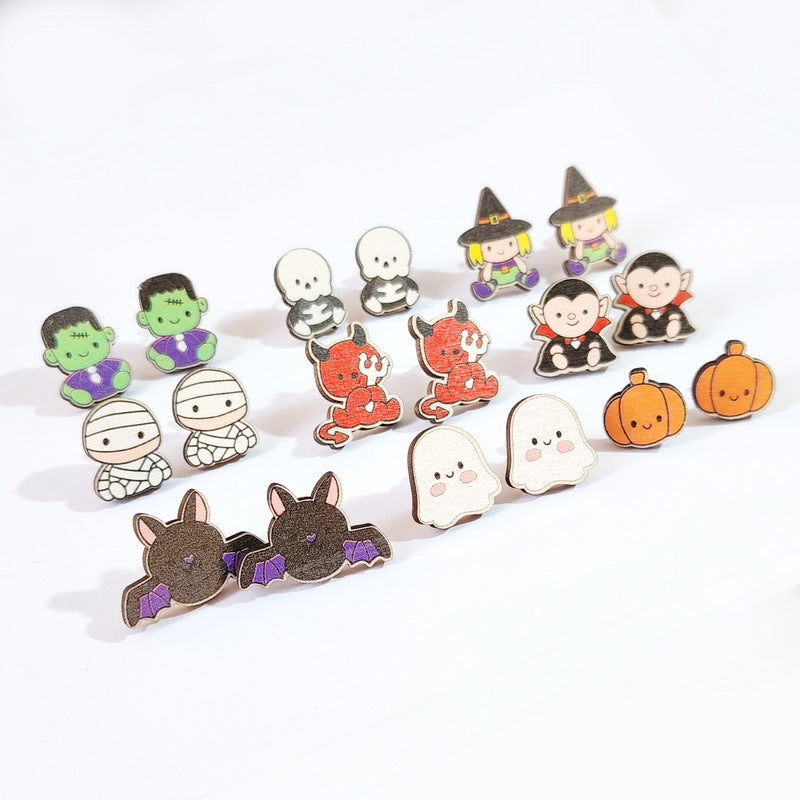 Pendientes de Madera de Halloween Dulces y Atrevidos con Motivos de Murciélago, Sombrero de Bruja, Ataúd, Calabaza y Fantasma