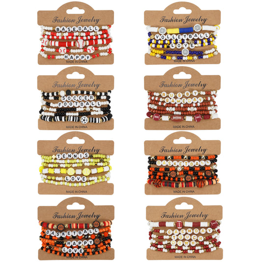Bracciale elastico con perline, motivo palla sportiva, in vetro, rotondo, unisex