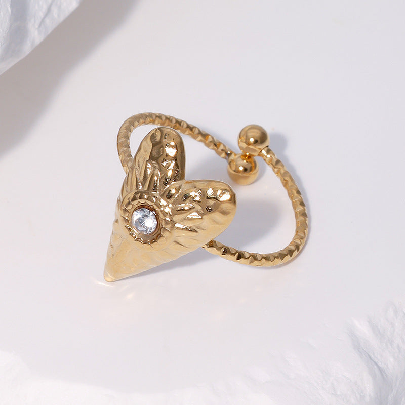 Minimalist Heart-Shaped Stainless Steel Ring with Folded Texture and Plated Finish for Women