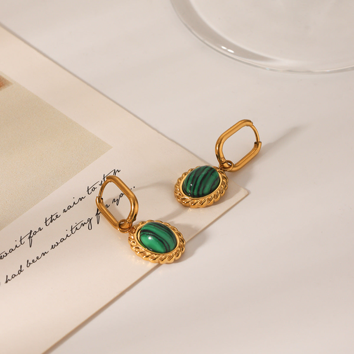 Vintage French Style Oval Stainless Steel Plated Earrings with Natural Malachite Inlay for Women