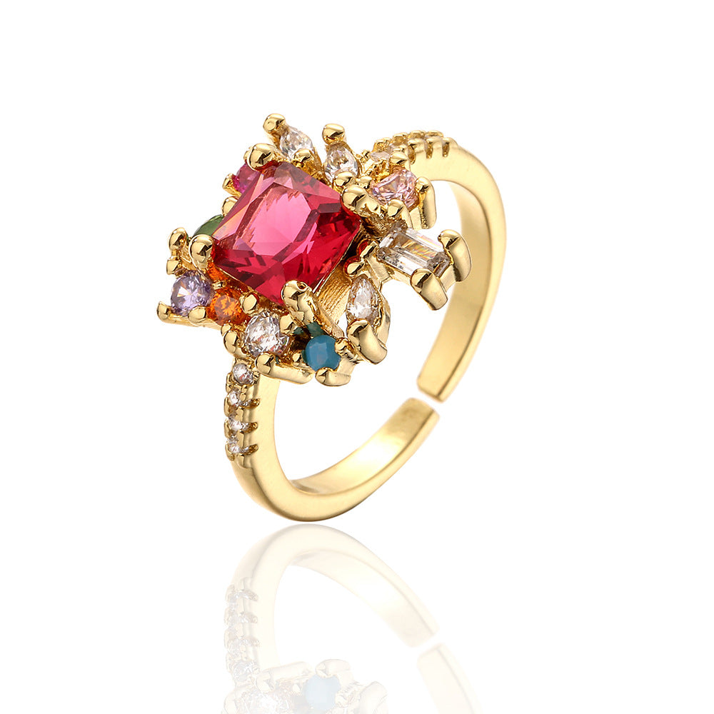 Minimalist Geometric Open Ring for Women with Copper Base Plated in 18K Gold and Micro-Paved Zirconia
