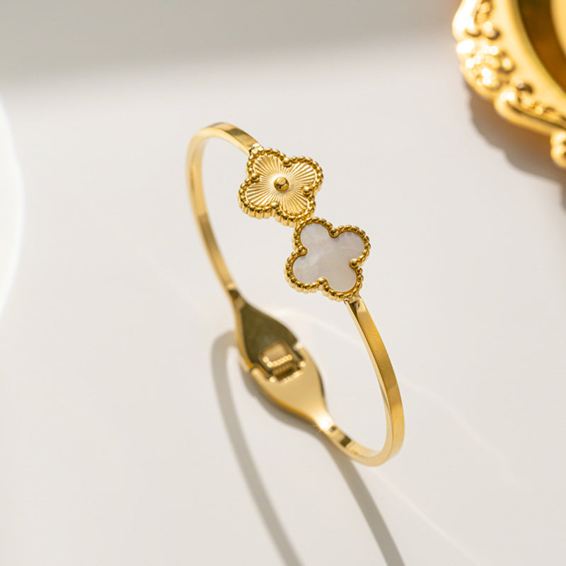 Minimalist Four-Leaf Clover Titanium Steel Bracelet for Women with Polished Finish and Adjustable Opening Design