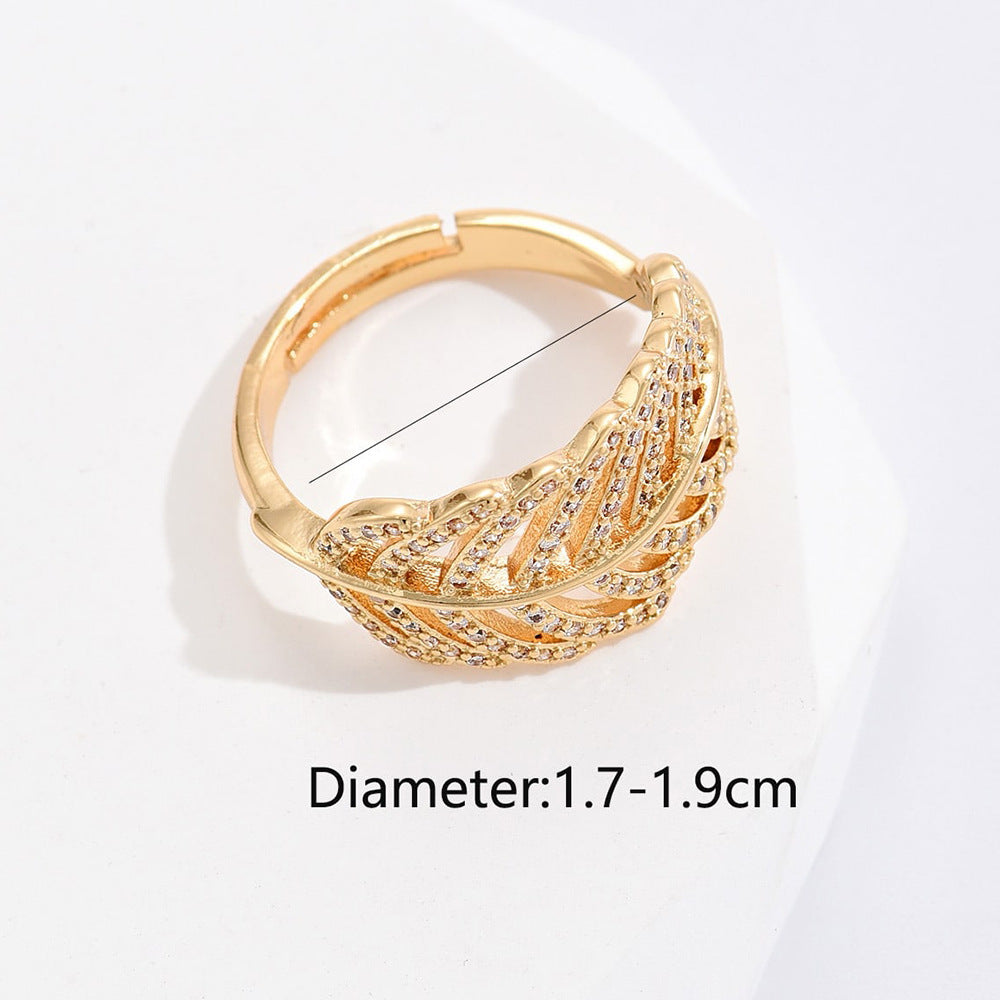 Geometric Leaf-Shaped Open Ring for Women Made of Brass with Real Gold Plating and Micro-Paved Zirconia