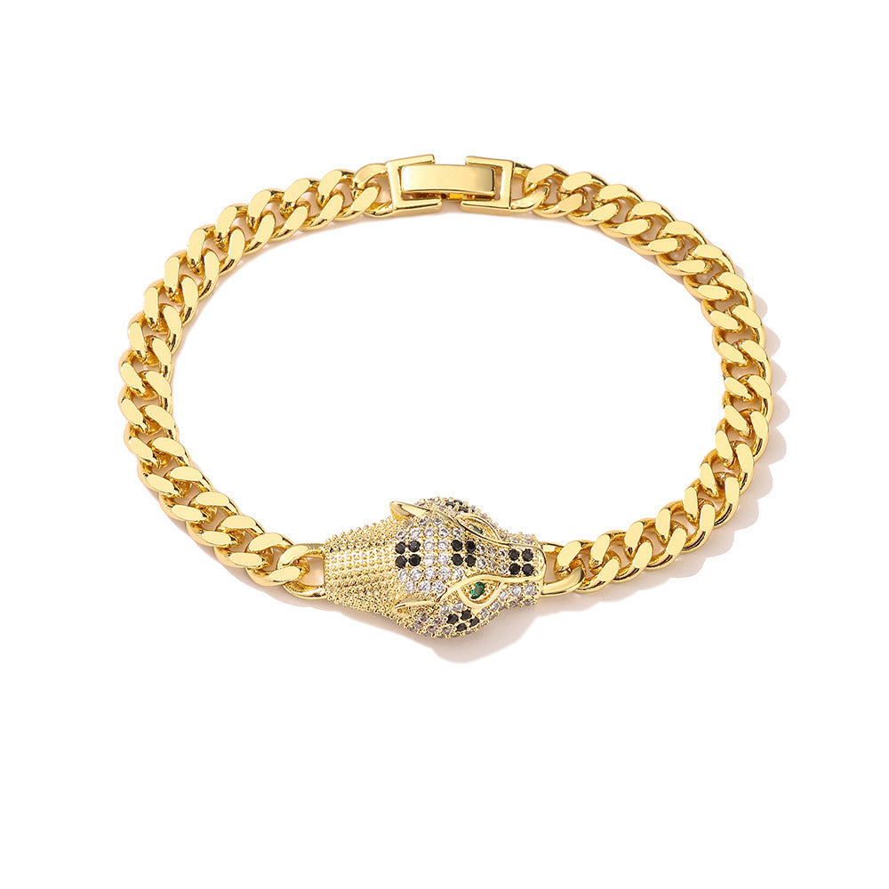Fashionable Leopard-Shaped Geometric Copper Bracelet with Real Gold Plating and Zircon Accents for Women