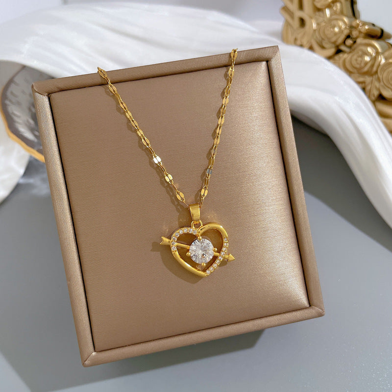Minimalist Geometric Titanium Steel Necklace with Gold Plated Brass Pendant and Rhinestone Inlay