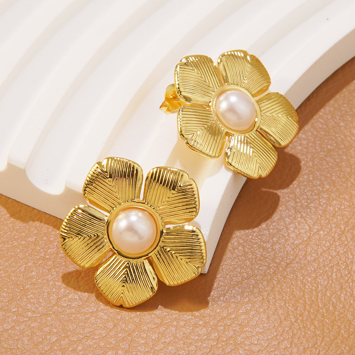 Statement Gold Plated Stainless Steel Floral Stud Earrings with Resin Turquoise Inlay