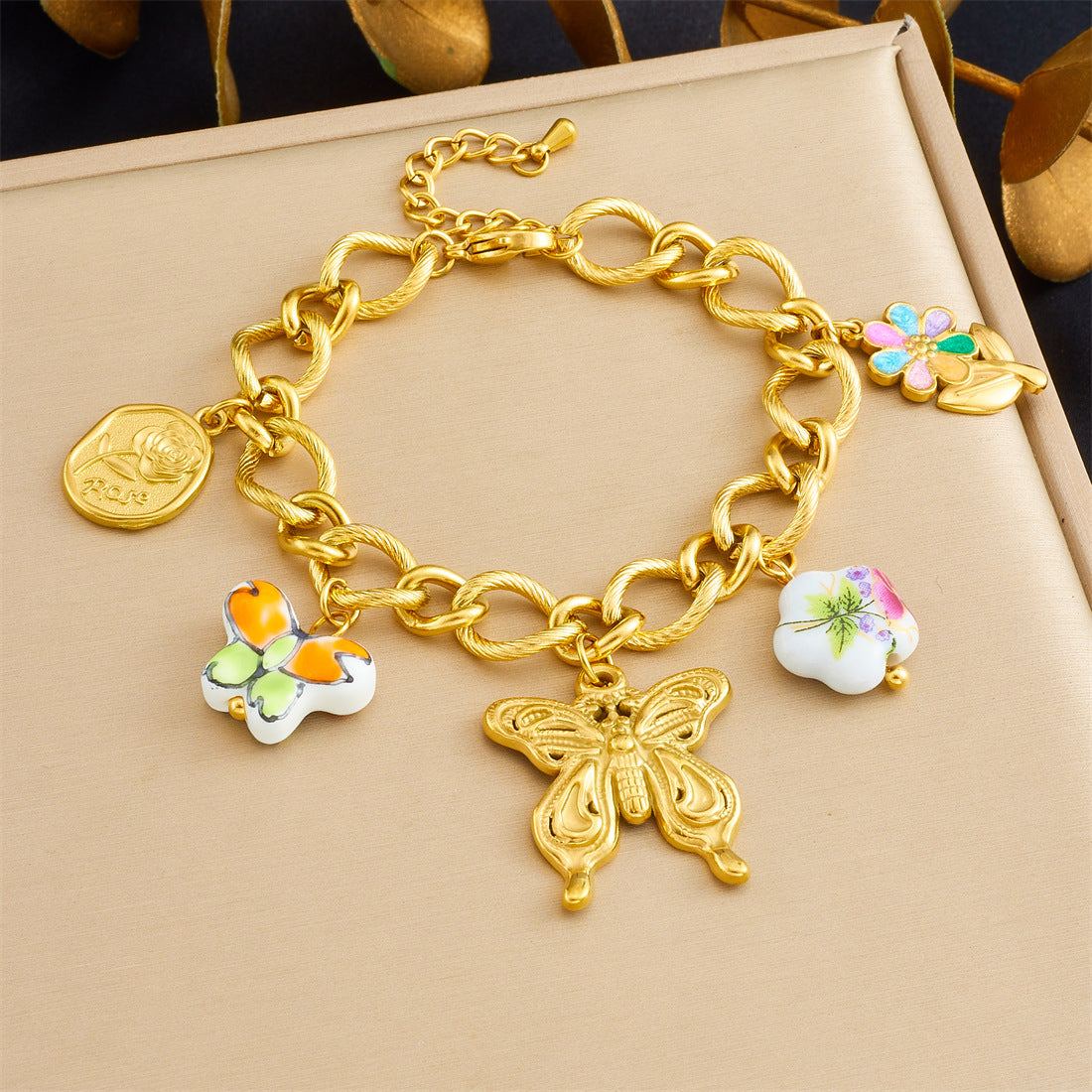 Sweet Elegant Gold Plated Ceramic Floral Butterfly Drip Oil Pendant Necklace and Bracelet Set for Women with Cable Chain