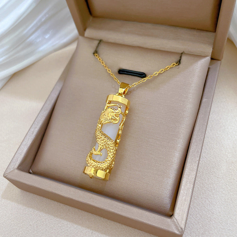 Collar con colgante de dragón estilo caricatura de acero inoxidable con incrustaciones de pedrería para mujeres y hombres, delicada cadena para clavícula
