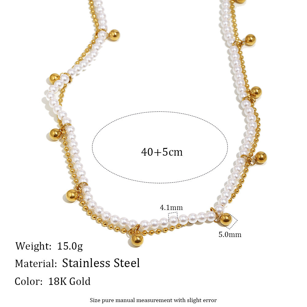 Elegante Collana a Pendente Geometrica Minimalista di Ispirazione Francese in Acciaio Inossidabile con Placcatura in Oro 18K e Perle Imitazione su Catena a Doppio Strato