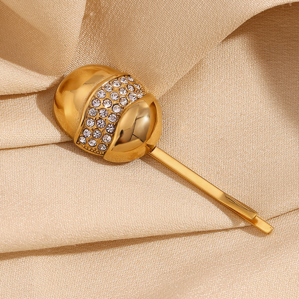 Fermaglio per Capelli Minimalista Creativo a Forma di Guscio d'Uovo per Donne in Acciaio Inossidabile con Placcatura in Oro 18K e Intarsi in Strass