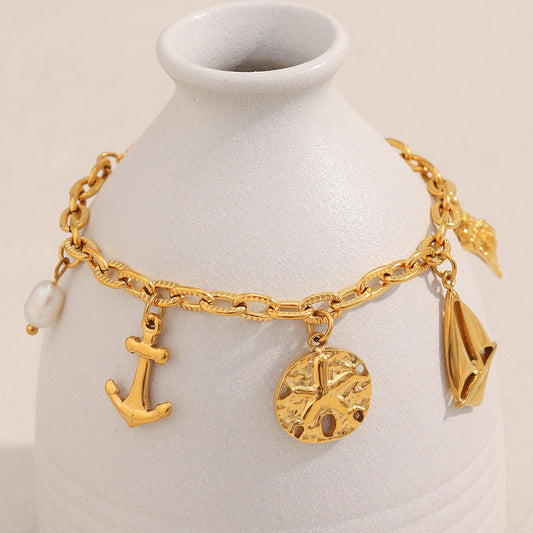 Bracciale da donna con ciondolo a stella marina placcato oro 18 carati in acciaio inossidabile, con forme geometriche e tema marino alla moda