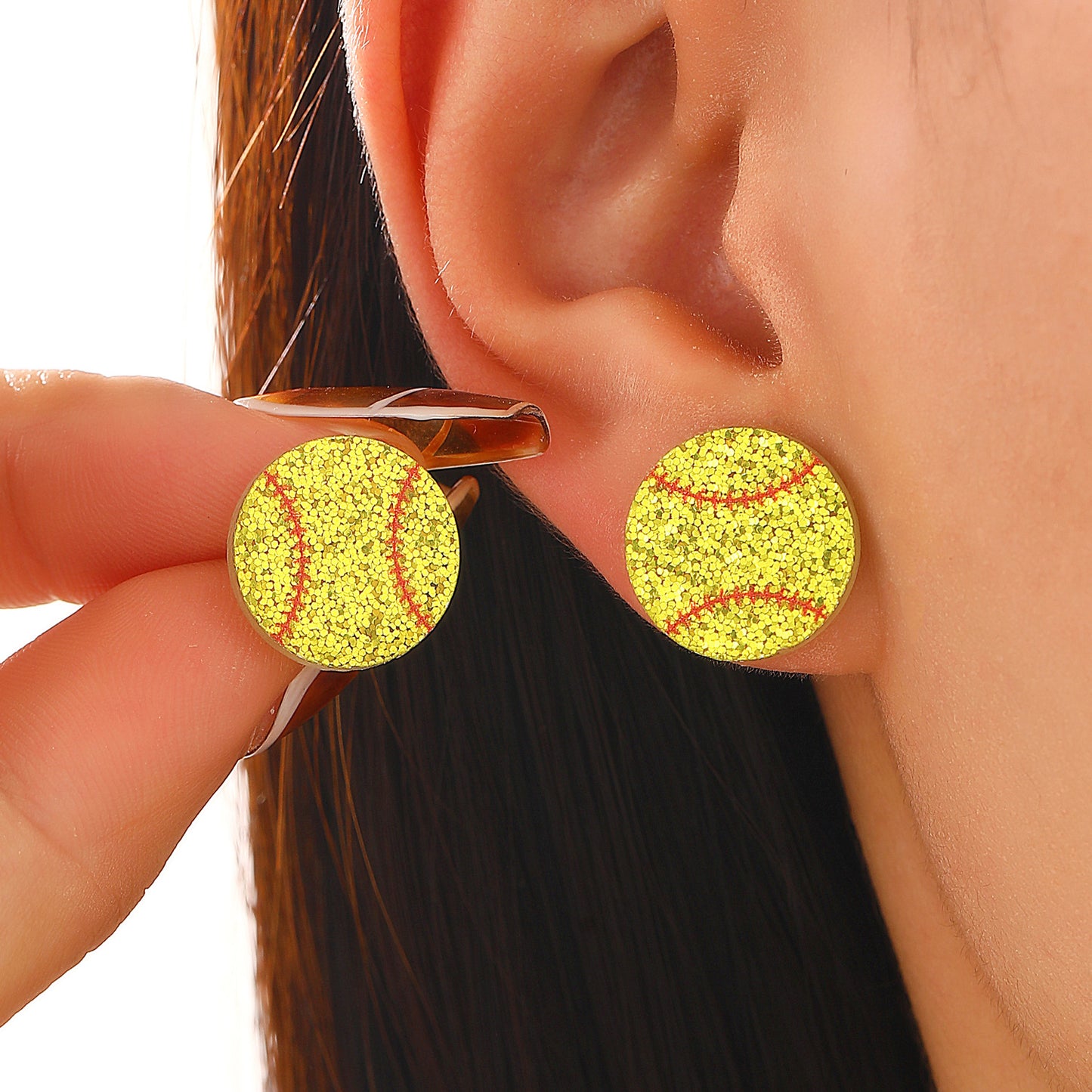 Vintage Acrylic Heart Stud Earrings with Sports Ball Print for Women