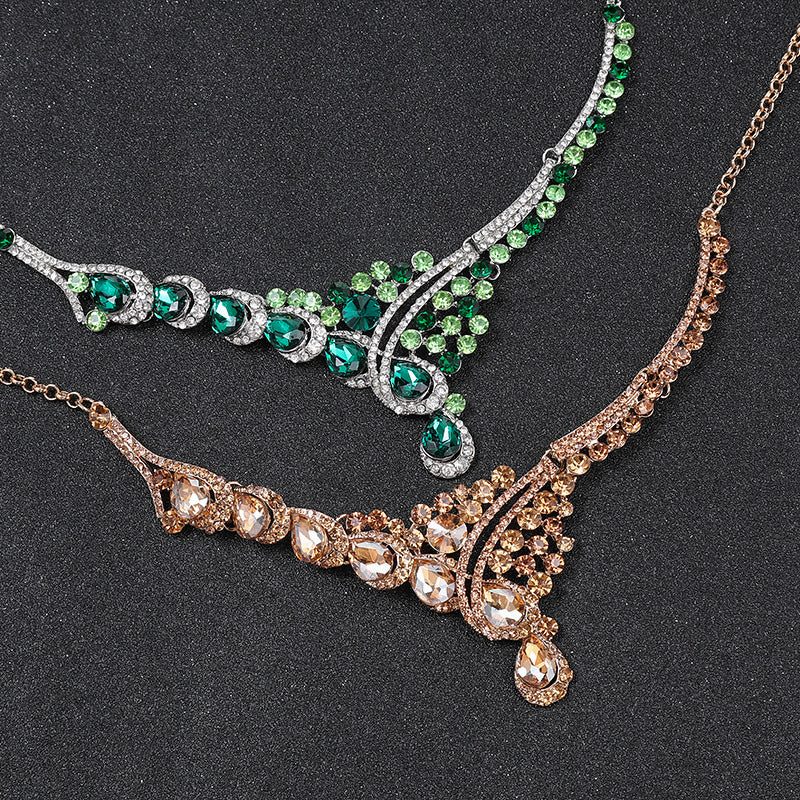 Exaggerated Vintage Alloy Necklace Set for Women with Rhinestone Accents Snake Chain and Matching Earrings Floral Wheat and Tree Motifs