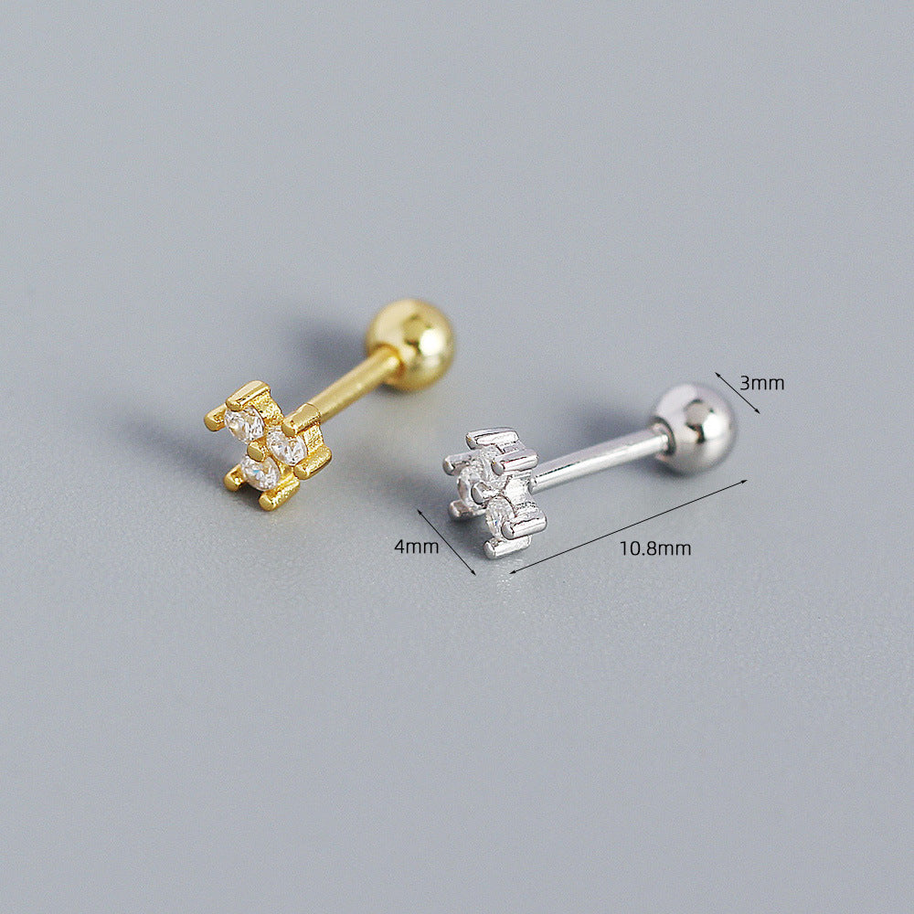 Orecchini a perno in argento sterling S925 a forma floreale minimalista con intarsio in strass e mini chiusure a vite