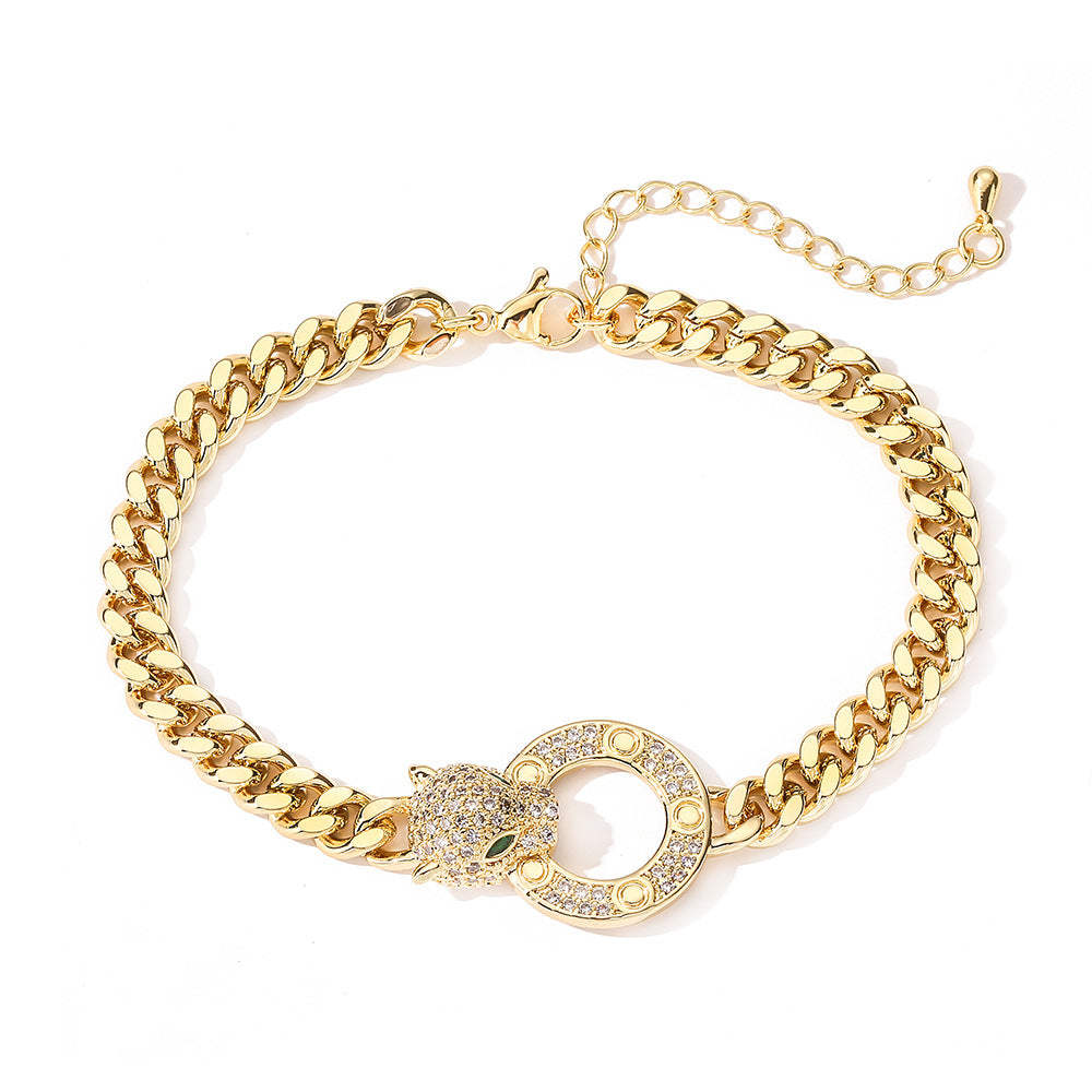 Fashionable Leopard-Shaped Geometric Cuban Link Bracelet for Women in Brass with Real Gold Plating and Micro-Pave Zirconia