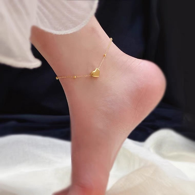 Minimalist Geometric Titanium Steel Anklet for Women with Round Beads and Heart Charm