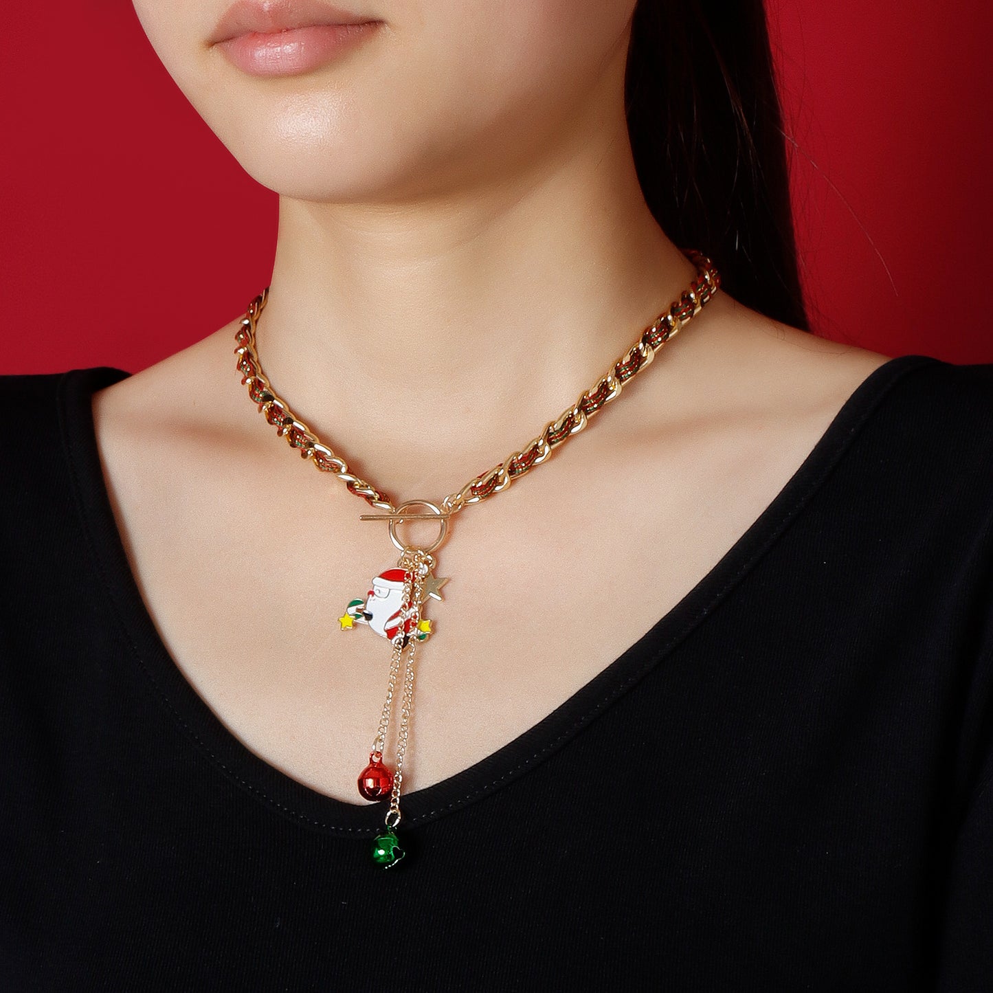 Collana con pendente a campana di Natale da donna in lega con design geometrico e animale del cartone animato, placcata in rodio, gioiello festivo minimalista