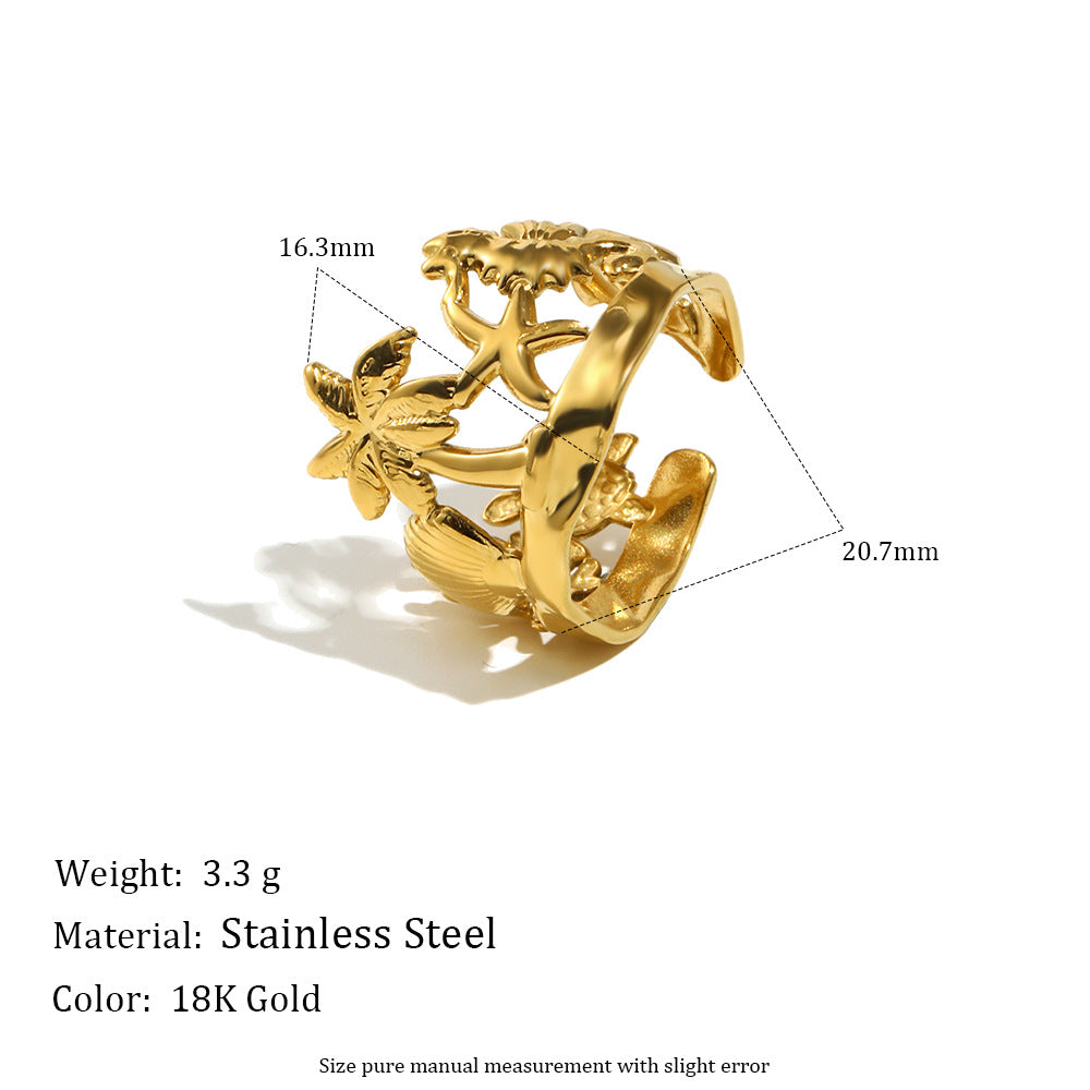 Pulsera Minimalista de Acero Inoxidable con Baño de Oro de 18K, Inspirada en el Océano con Motivos de Concha Marina y Estrella de Mar