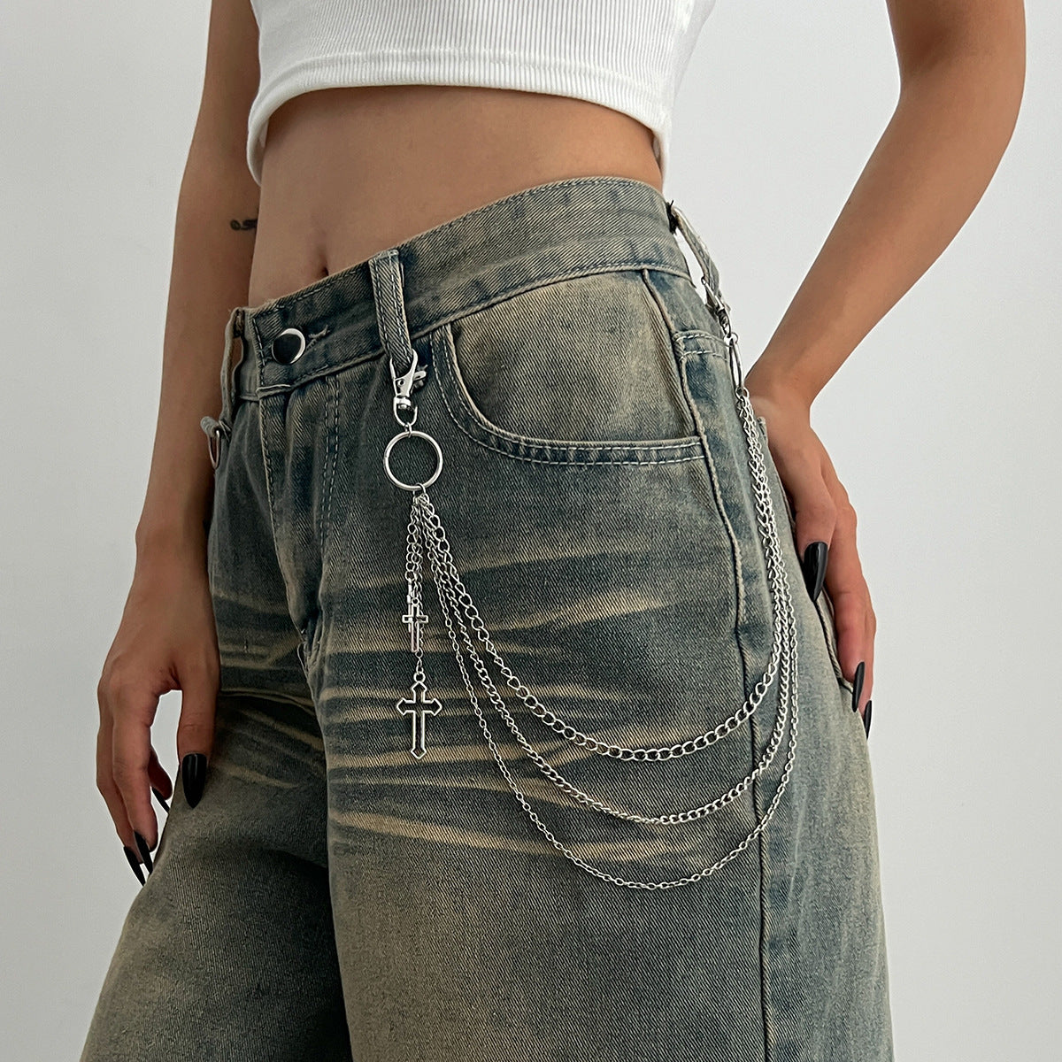 Hip-hop Minimalist Rhinestone Cross Zinc Alloy Multi-layer Waist Chain