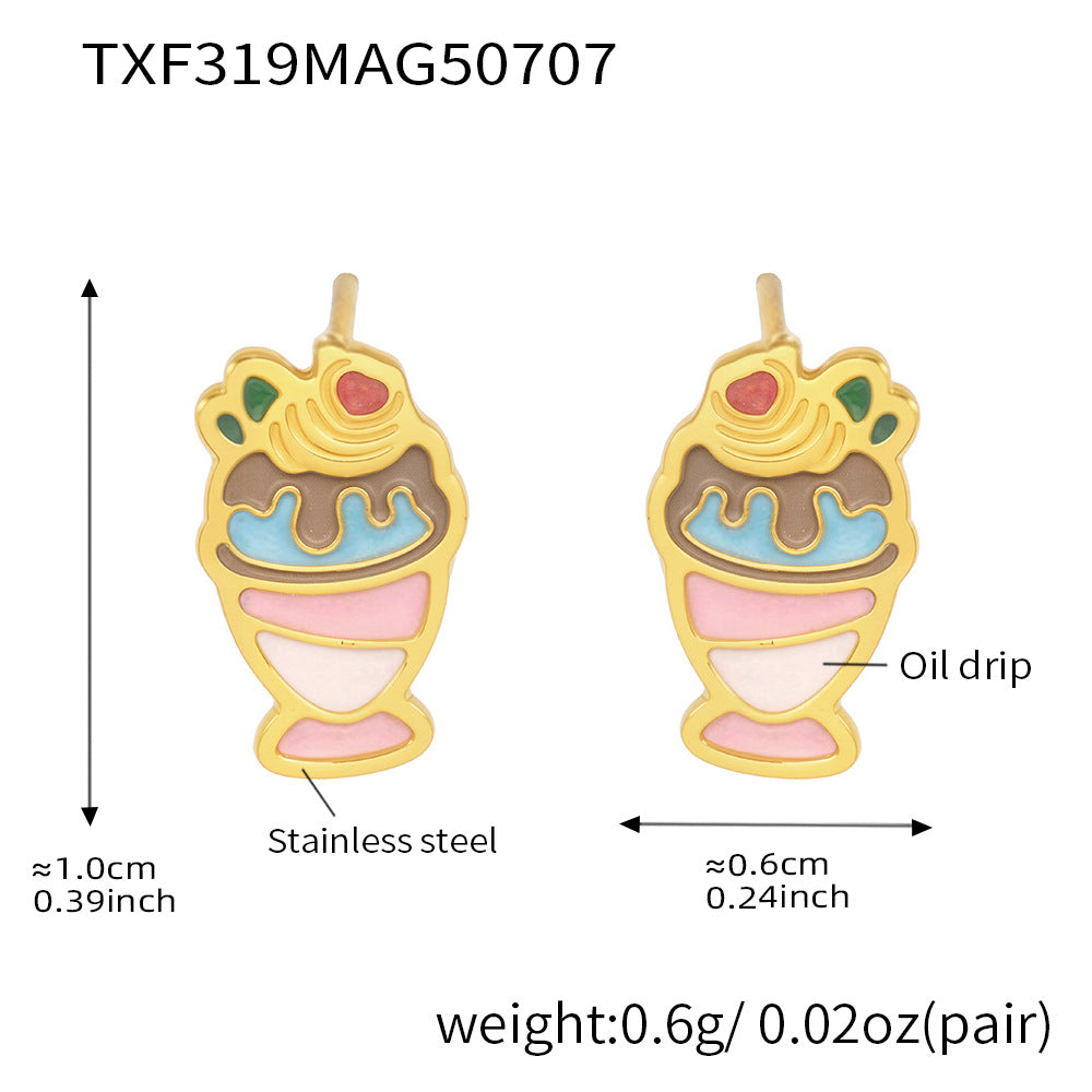 Cute Ice Cream Shaped Titanium Steel Necklace Set with Plated Finish for Kids, Includes Necklace and Bracelet