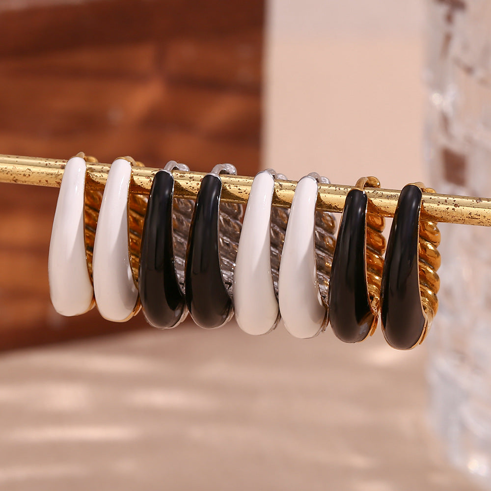 Minimalist Titanium Steel Earrings with 18K Gold Plating, Pear-Shaped Enamel Threaded Studs for Women